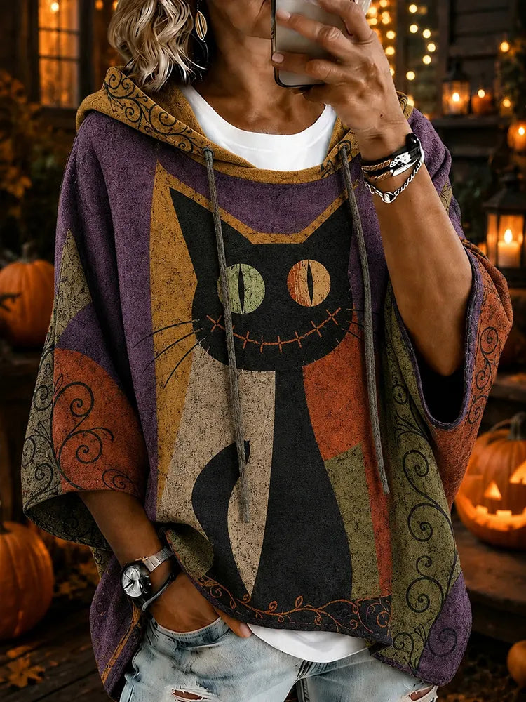 Women's Halloween Black Cat Color Blocking Art Print Casual Hoodie