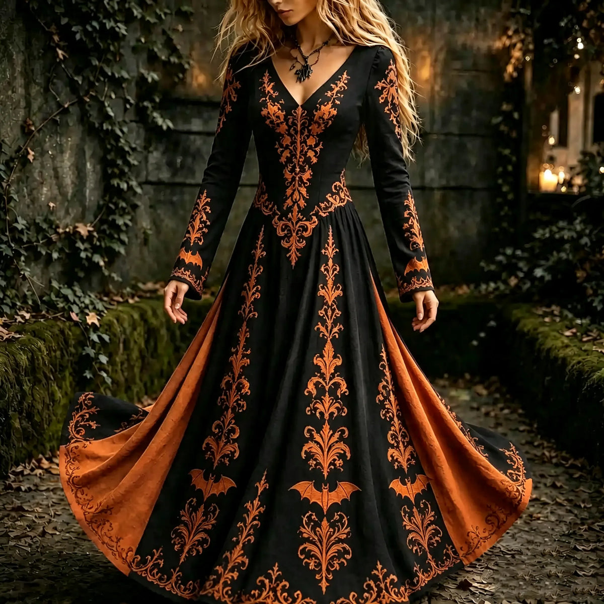 Women's Halloween Gothic Floral Bat Pattern Print V-neck Maxi Dress