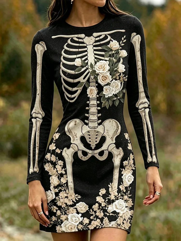 Women's Gothic Skeleton With White Floral Art Print Bodycon Mini Dress
