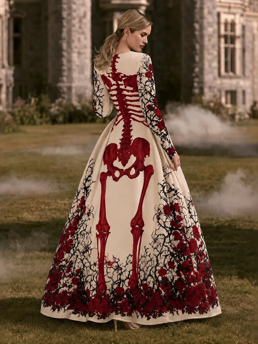 Women's Vintage Halloween Bones And Roses Art Print Long Sleeve Maxi Dress