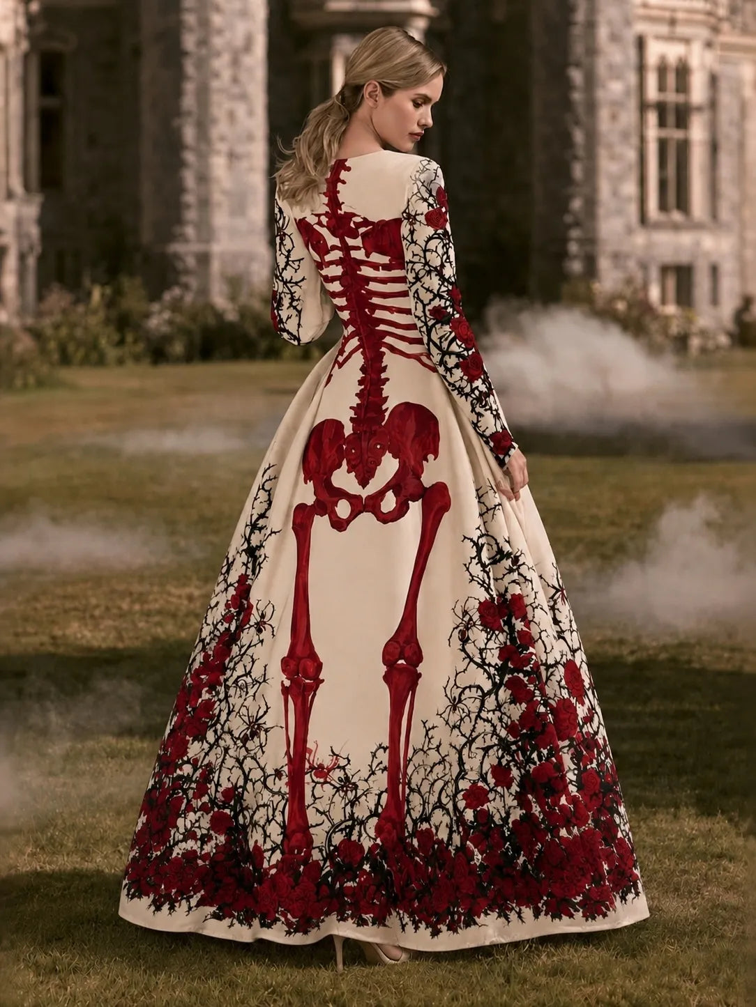 Women's Vintage Halloween Bones And Roses Art Print Long Sleeve Maxi Dress