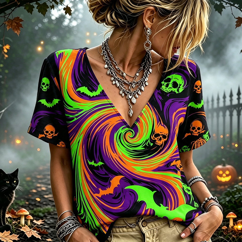 Women's V-neck Short-sleeve Top With Halloween Swirls, Skulls, And Bats Print