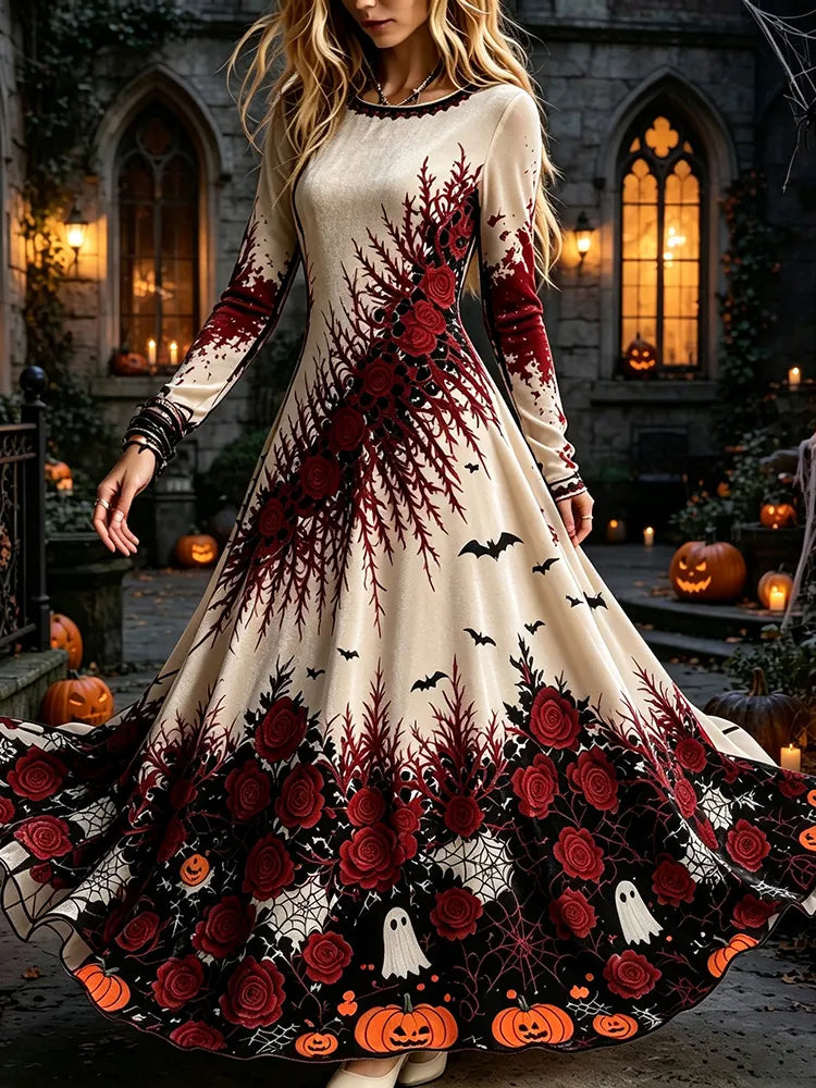 Women's Retro Halloween Gothic Floral Print Velvet Long-sleeved Dress