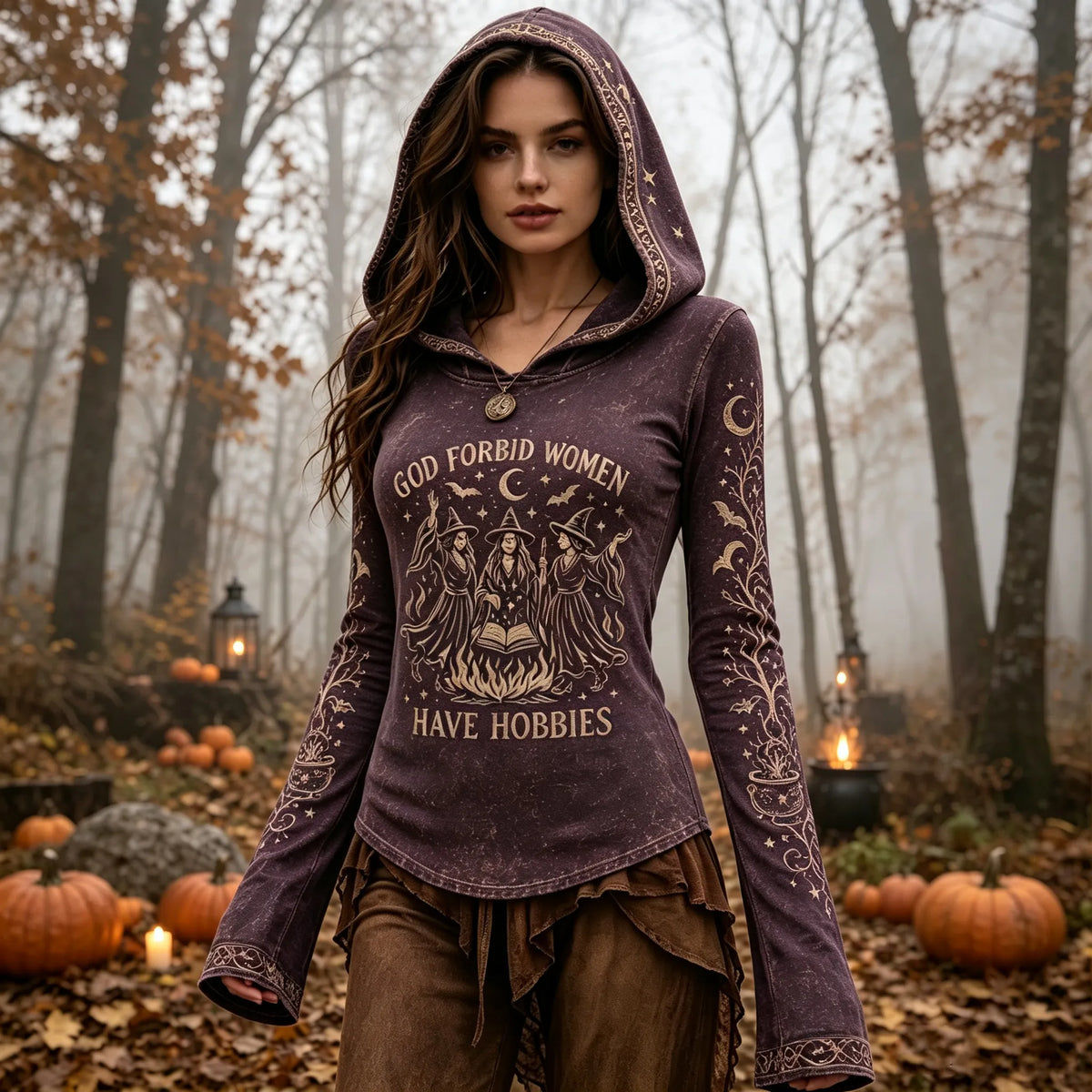 Women's Retro Halloween  Letter Sun Moon Plant Bat Print Hoodie