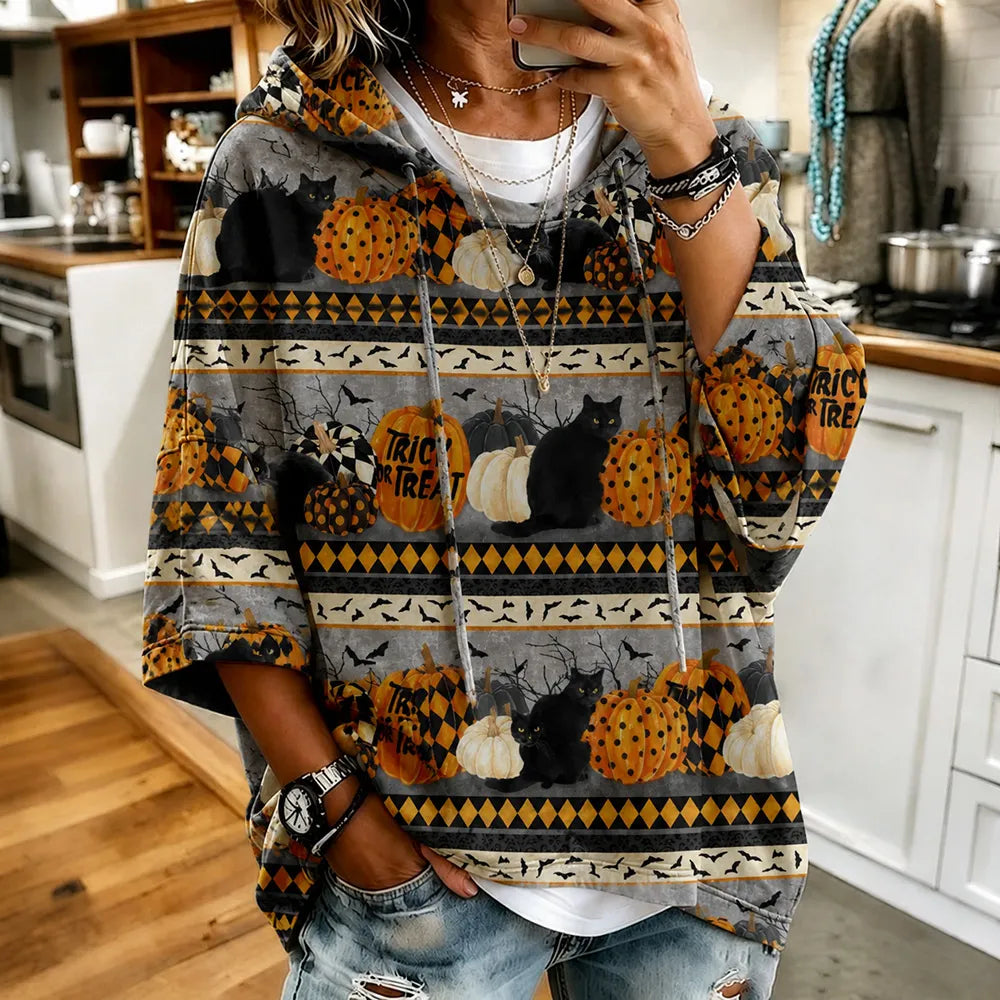 Halloween Cat And Pumpkin Art Stripe Color-block Print Casual Hoodie