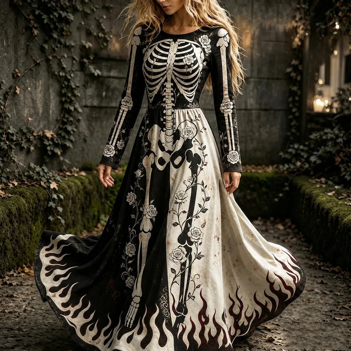 Women's Vintage Halloween Color Block Skeleton And Floral Art Print Crew Neck Long Sleeve Maxi Dress