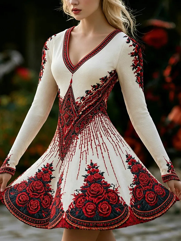 Women's Retro Halloween Gothic Floral Print Long-sleeved Cotton Linen V-neck Dress