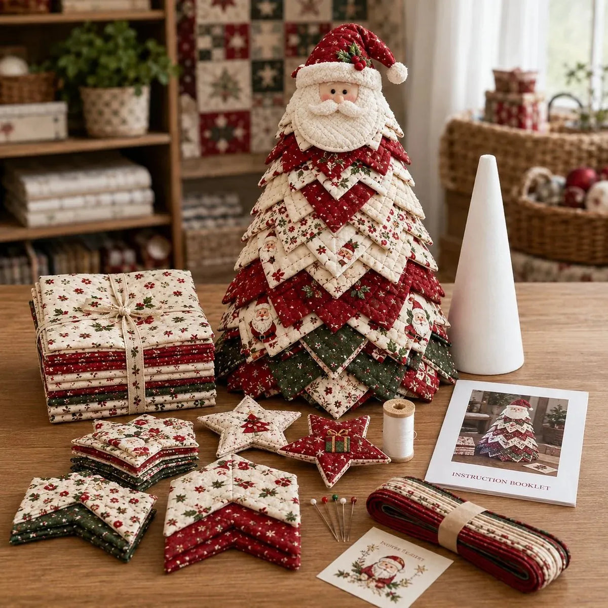 🎉🎄DIY Quilted Santa Christmas Tree Kit – Handmade Fabric Holiday Tabletop Tree Decor