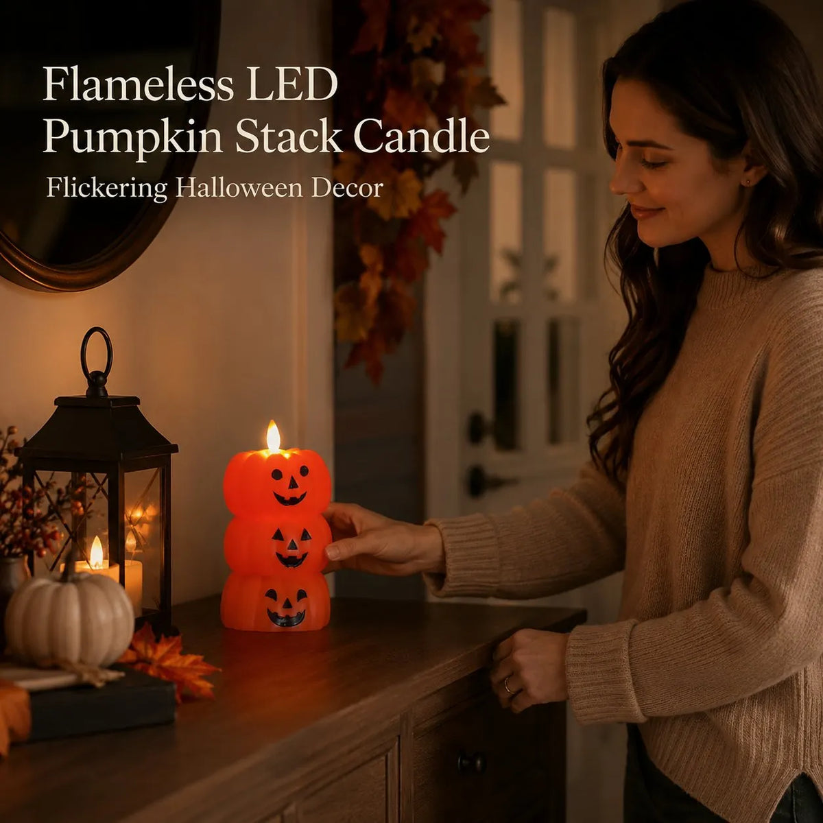 🎃 Flameless LED Pumpkin Stack Candle - Flickering Halloween Decor