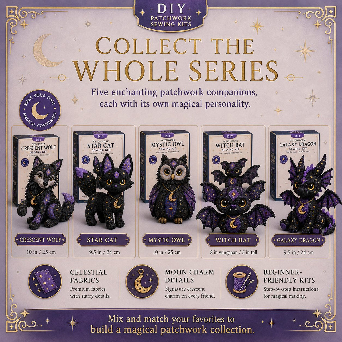 🔥LAST DAY 50% OFF - 🐱Mystic Patchwork Animal Sewing Kit – DIY Plush Craft Kit with Starry Fabric, Moon Charm