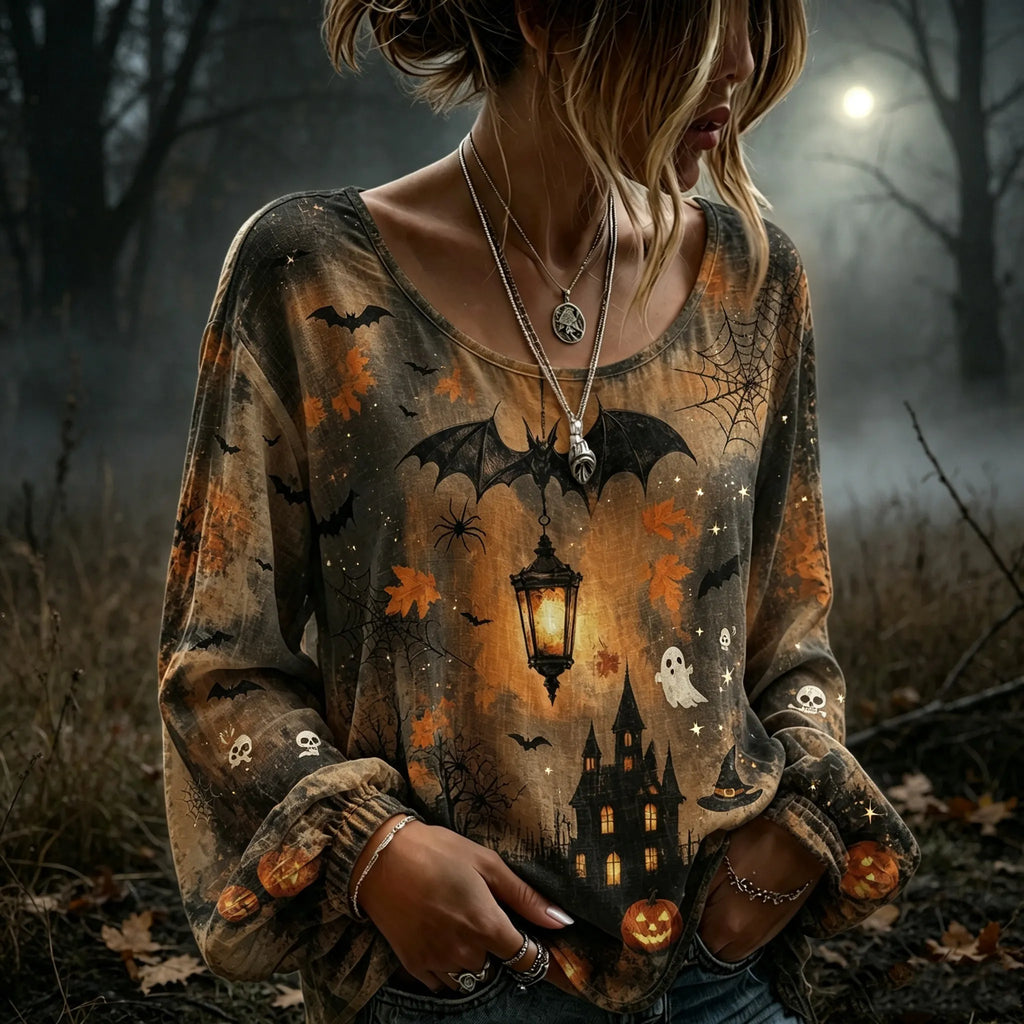 Women's Retro Halloween Pumpkin, Bat, And Ghost Elements Cotton Linen Top