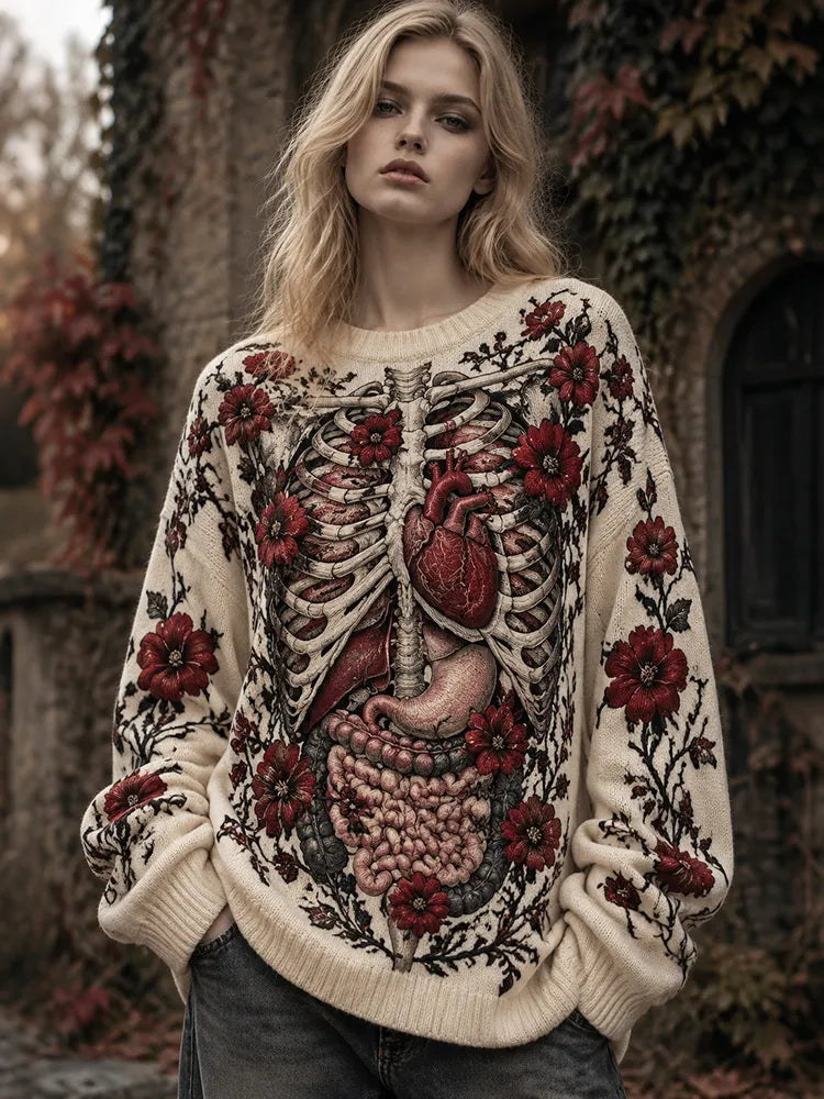 Women's Retro Halloween Anatomy Art  Print Cozy Sweater