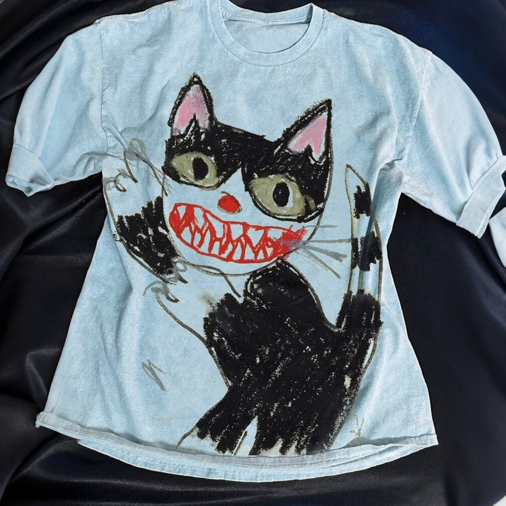 Women's Horror Cat Crayon Art Print Short Sleeve T-shirt