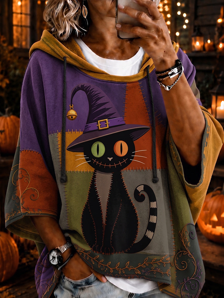 Women's Halloween Black Cat Color Blocking Art Print Casual Hoodie