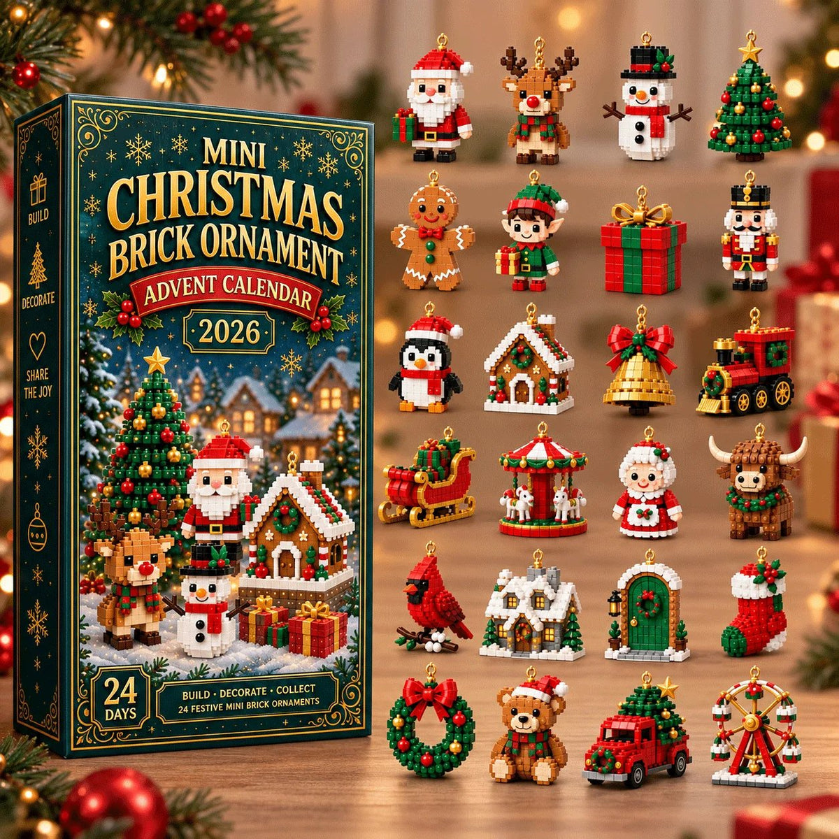 🎄 24-Day Christmas Advent Calendar | 24 Mini Buildable Ornaments with Hanging Loops for Tree Decor