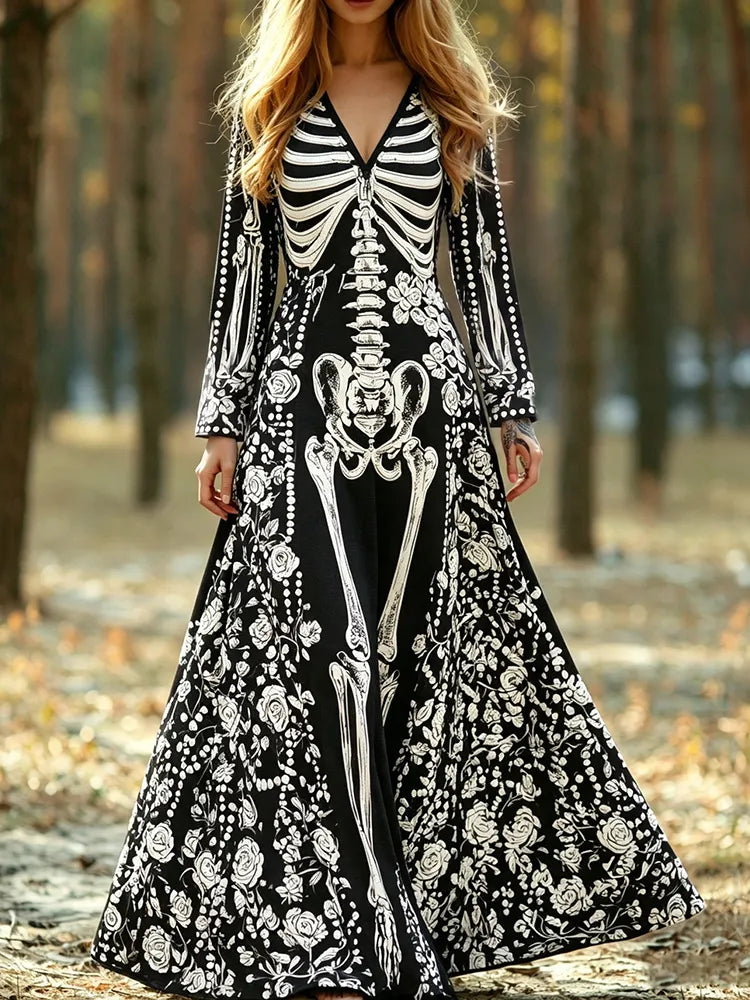Women's Gothic Skeleton With Floral Art Print V Neck Long Sleeve Maxi Dress