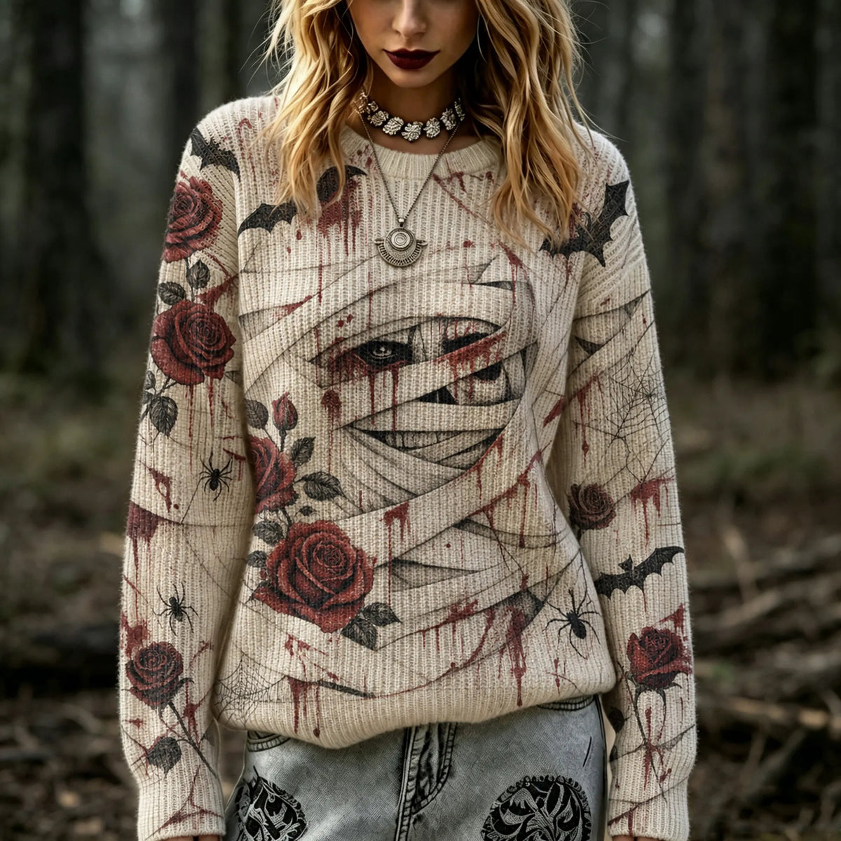 Women's Retro Halloween Themed Bandage And Rose Print Sweater