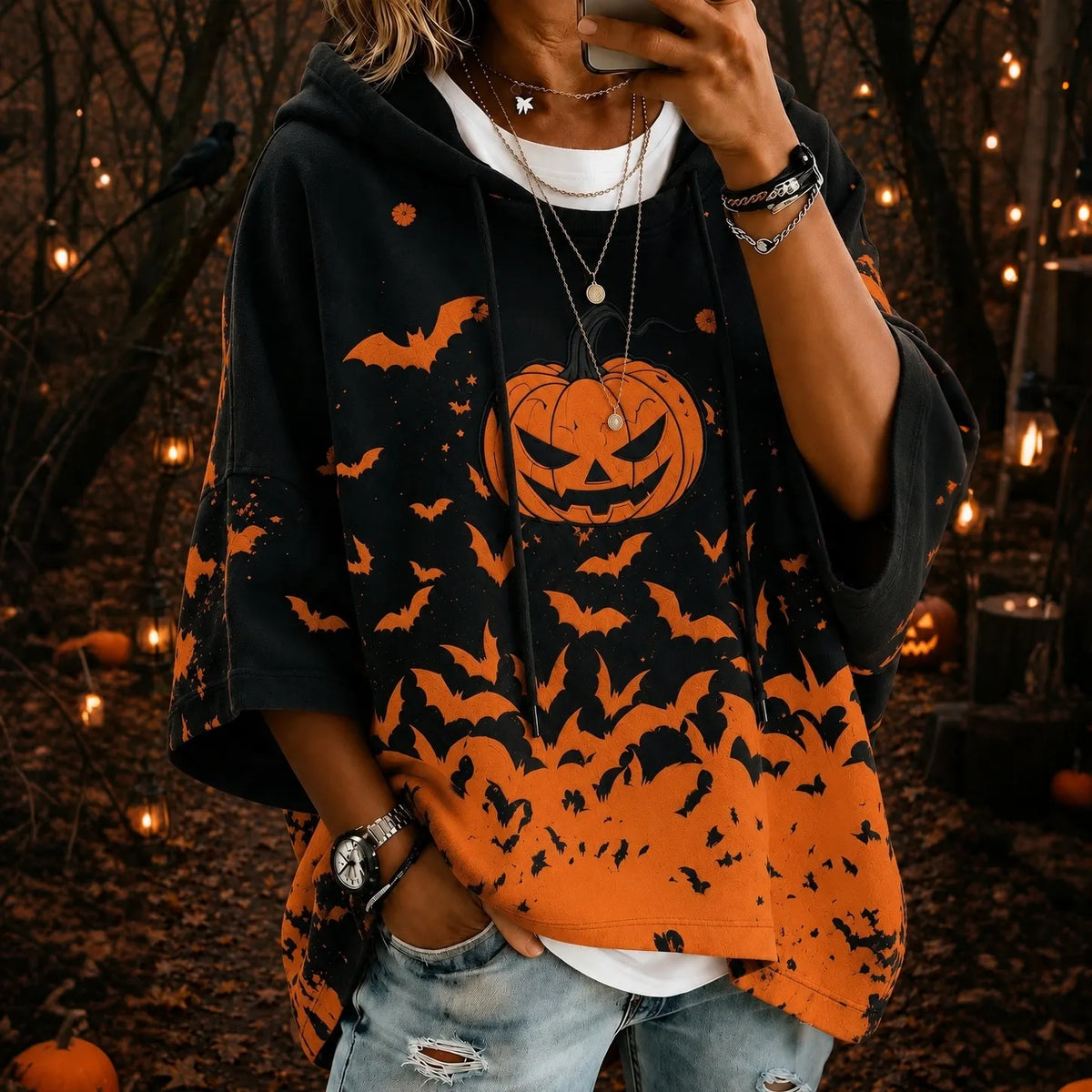 Women's Halloween Pumpkin And Bat Art Print Casual Hoodie
