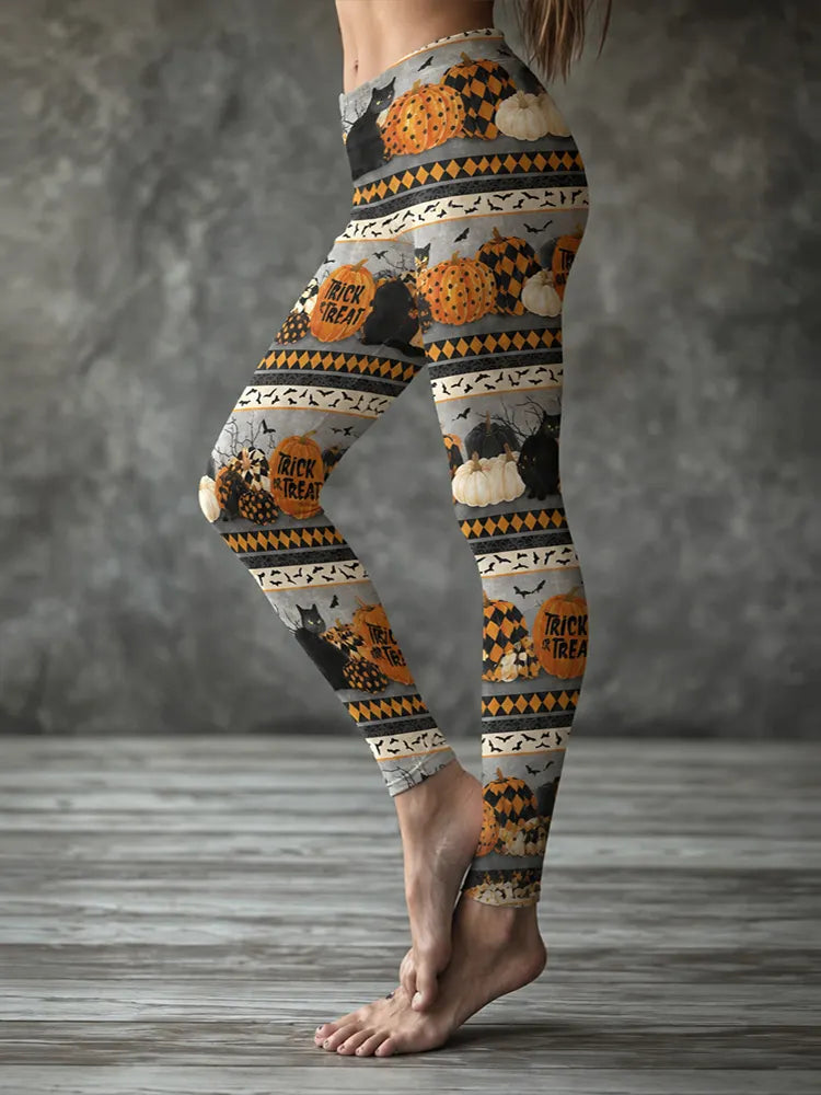 Women's Halloween Pumpkin And Bat Art Print Casual Leggings