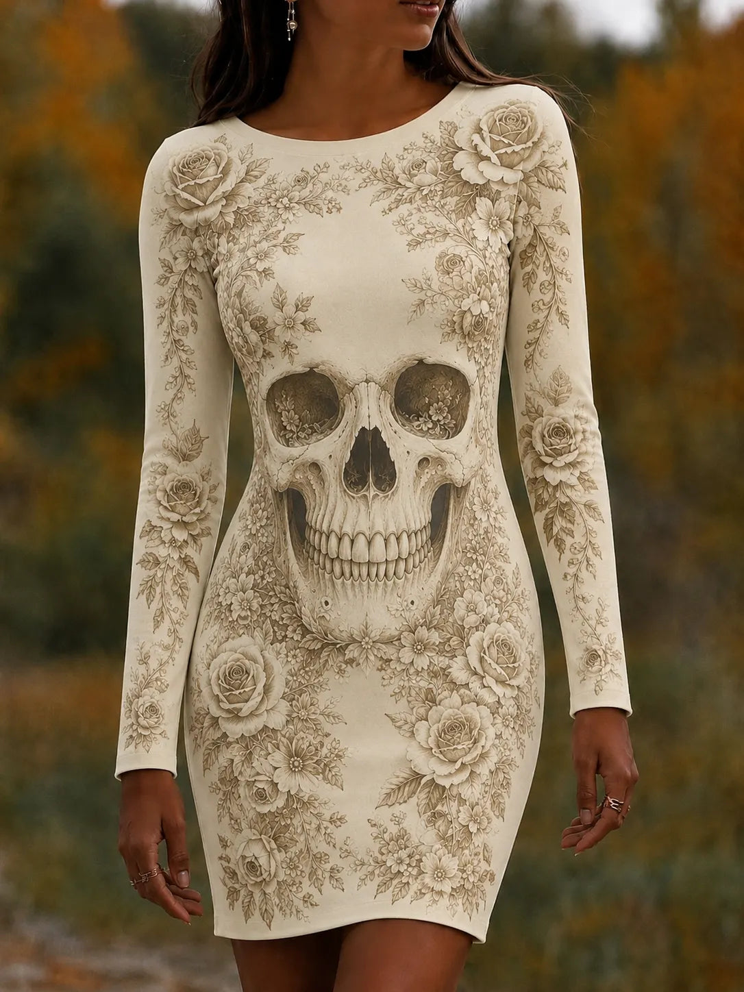 Women's Skull & Floral Halloween Art Print Mini Dress
