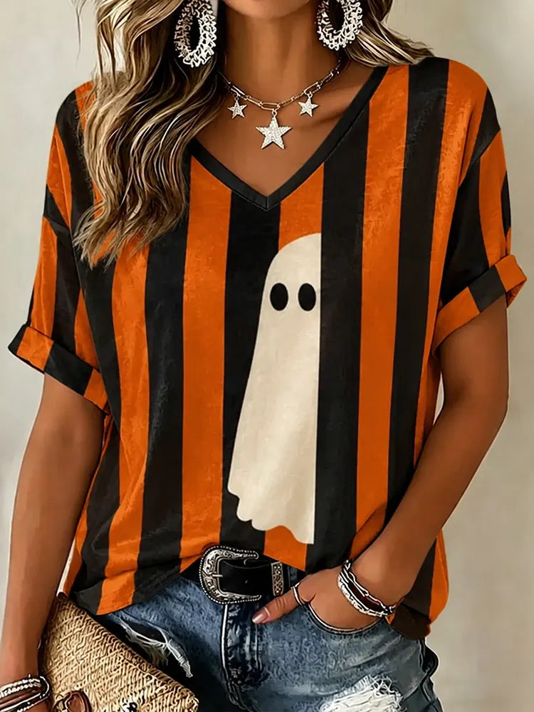 Women's Halloween Hidden Ghost Art Striped Casual Top