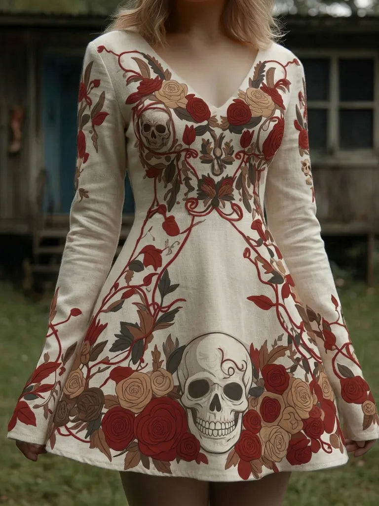 Women's Retro Halloween Skull And Floral Print V-neck Long Sleeve Dress