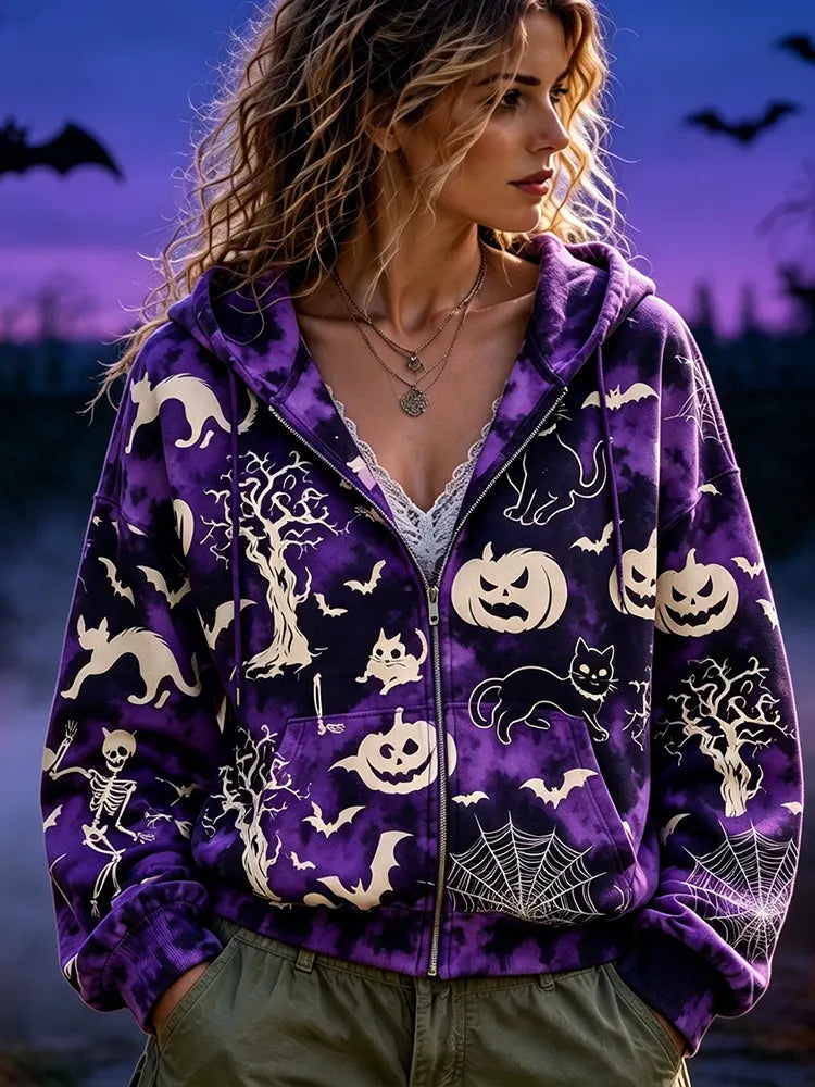 Women's Halloween Graphic Zip-up Hoodie - Purple Tie-dye Spooky Cat & Pumpkin Print Jacket