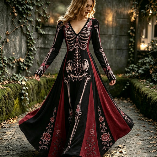 Women's Retro Halloween Human Structure And Rose Color-blocked V-neck Dress