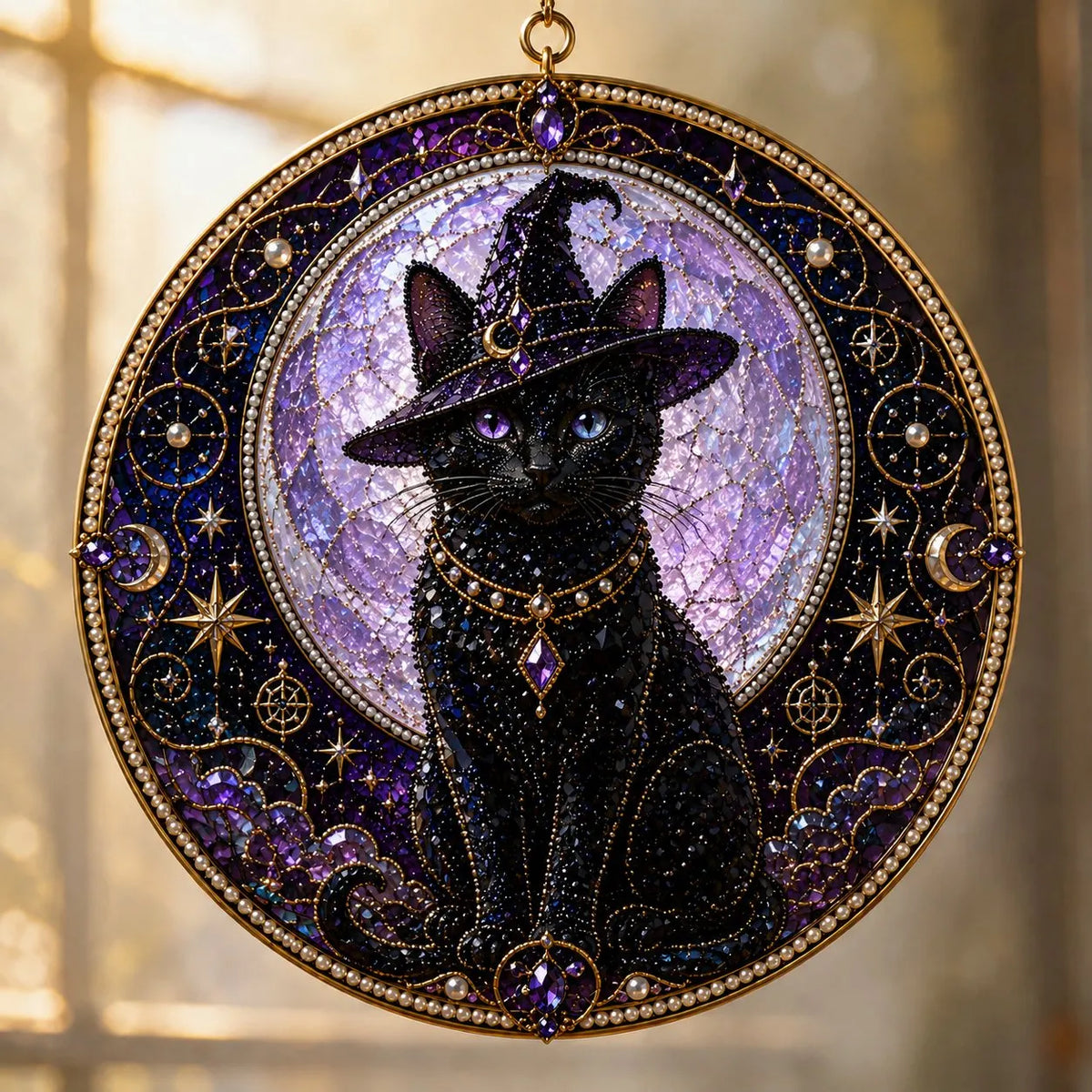 🌙🐈‍⬛ LAST DAY 49% OFF – ✨ Premium 3D Pearl Celestial Black Cat Window Hanging Kit | Luxury Flocked Canvas with Scratch-Resistant Non-Fading Pearl Beads DIY Handmade Moonlight Suncatcher Decor 🔮💎