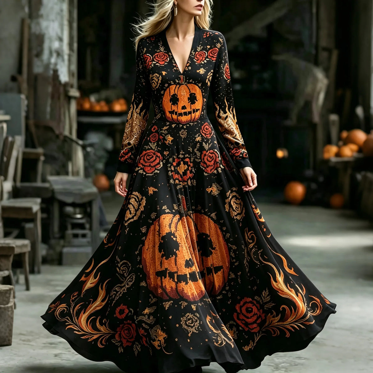 Women's Retro Halloween Pumpkin Floral Print V-neck Long Sleeve Dress