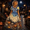 Women's Halloween Starry Night Theme Maxi Dress - Spooky Castle, Bats And Pumpkins Print Flowy Dress