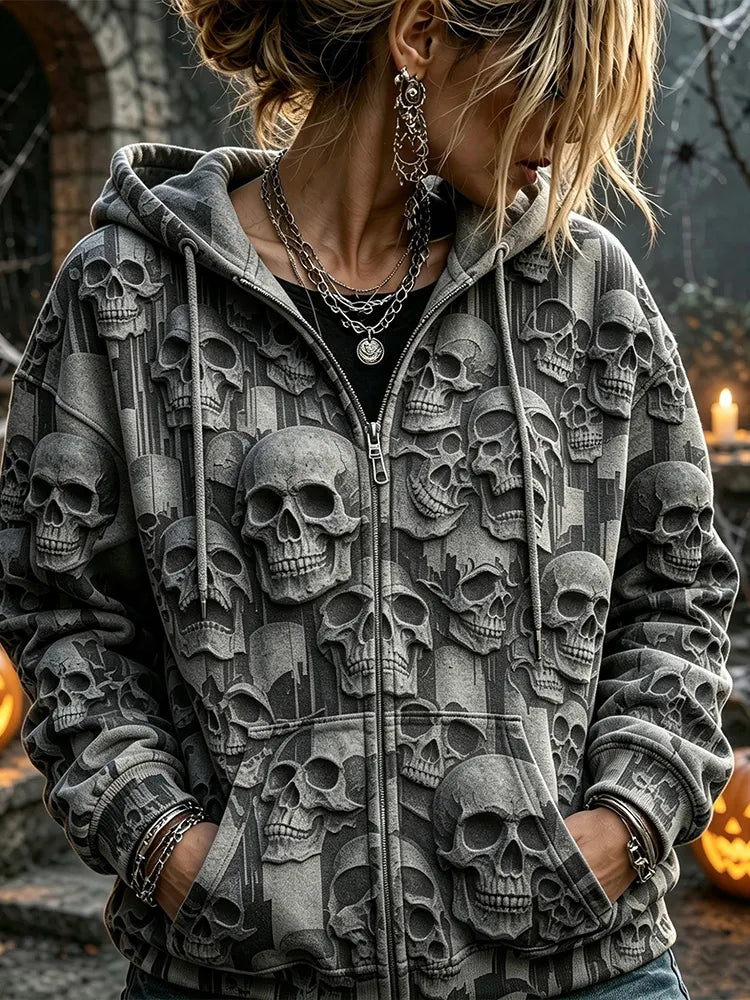 Retro Washed Gothic Halloween Grey Skull Print Full Zip Hoodie