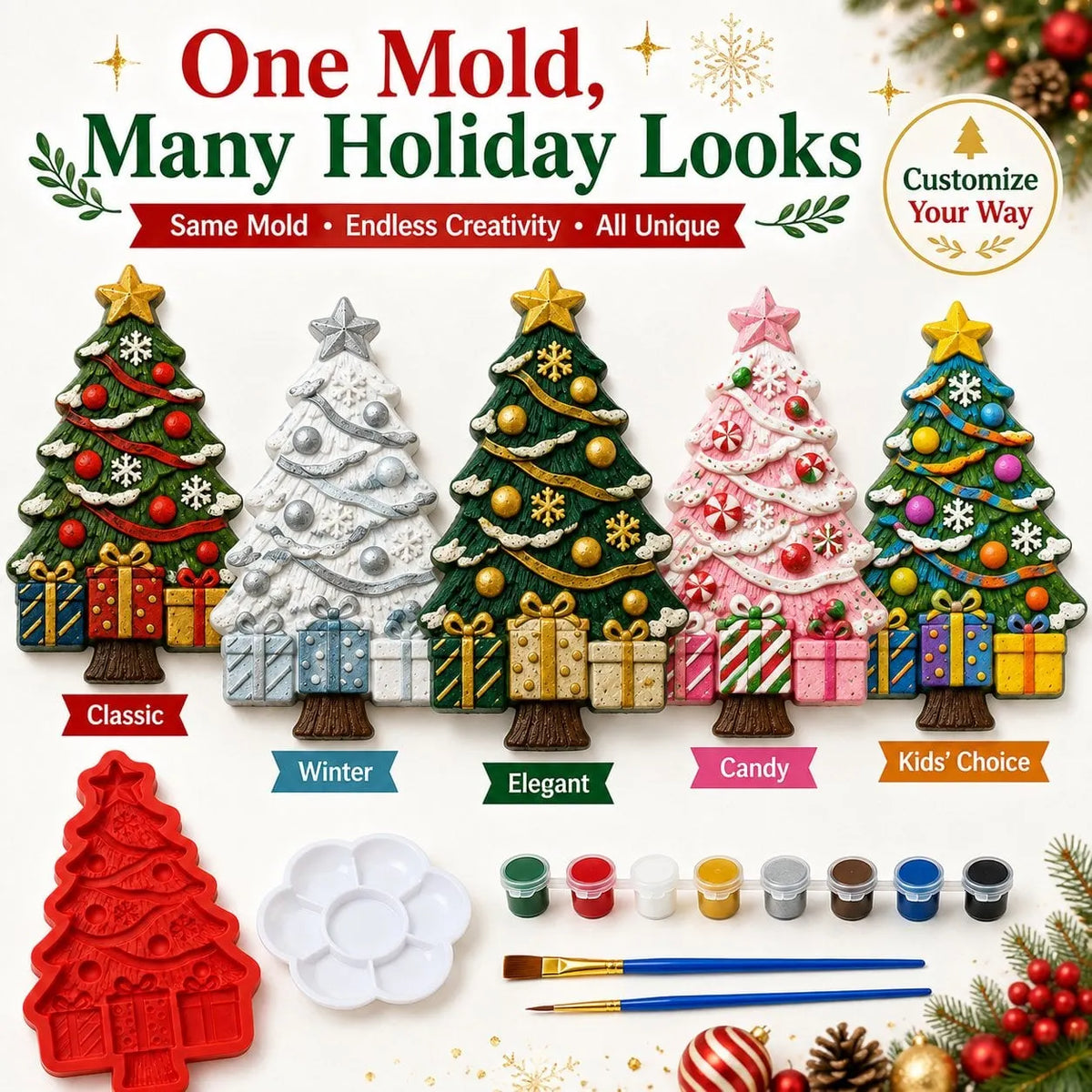 🔥 BUY 2 SAVE 20% – 🎄 DIY Christmas Tree Mold & Paint Craft Kit | Reusable 3D Mold with 8 Acrylic Paints, 2 Brushes & Festive Detail Guide 🎨✨