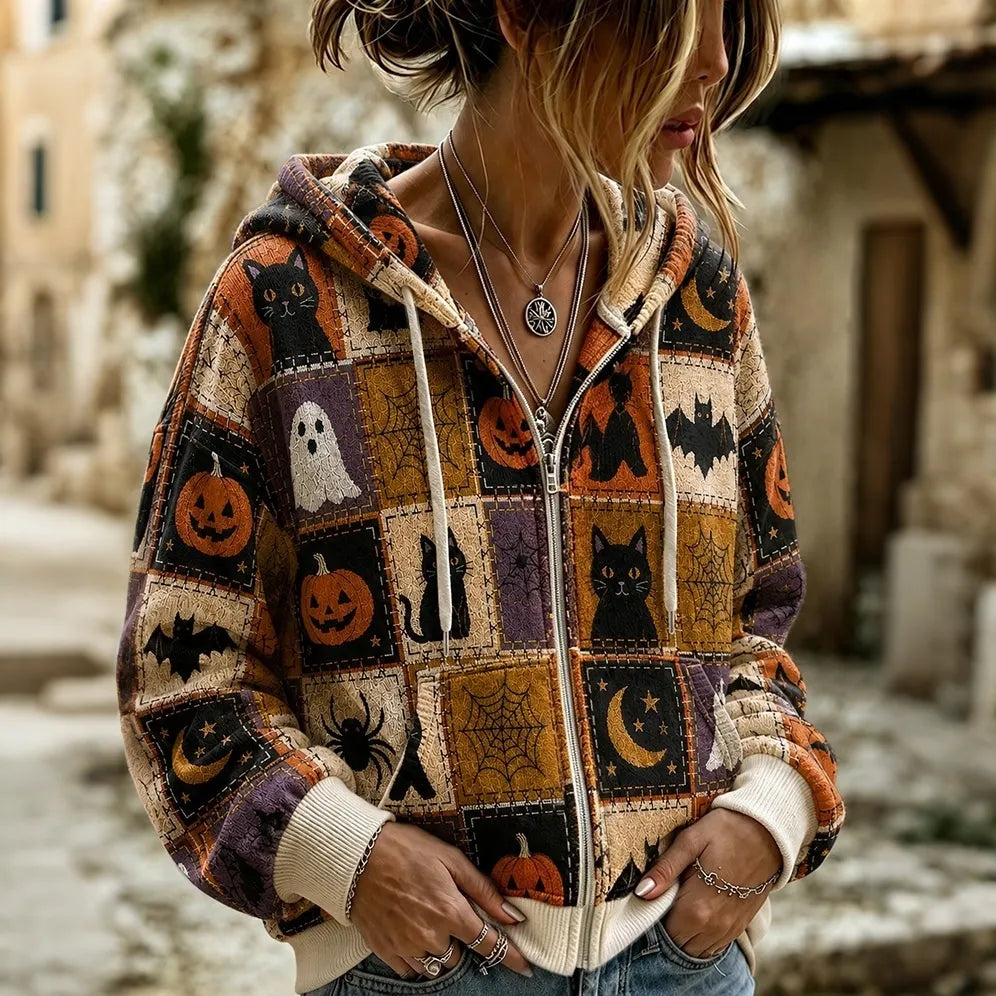 Women's Retro Halloween Black Cat Patchwork Zipper Hooded