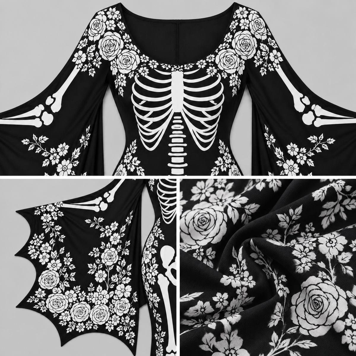 Women's Gothic Skeleton With White Roses Batwing Flare Sleeve Round Neck Bodycon Maxi Dress – Halloween Costume