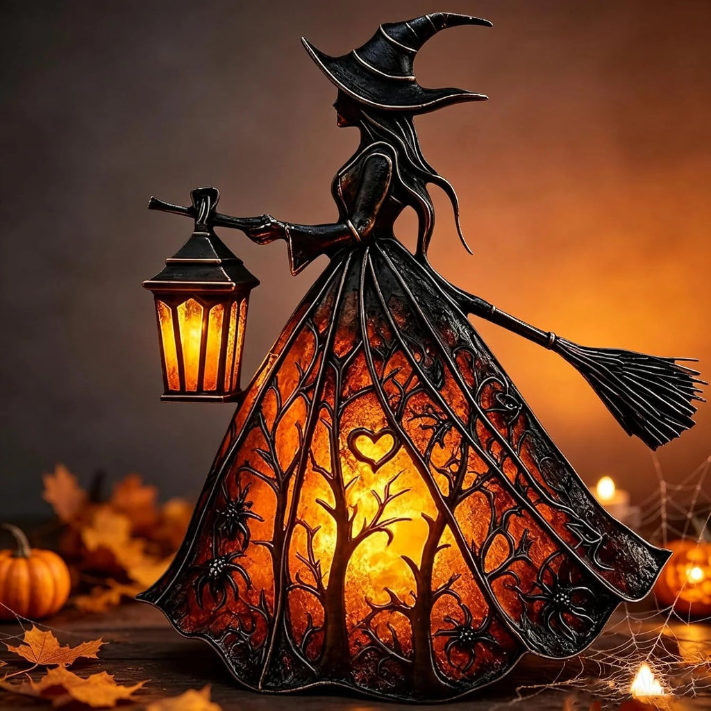 🧙‍♀️7-Inch Lighted Gothic Witch Lantern – Warm LED Halloween Figurine for Mantel, Shelf & Table Decor