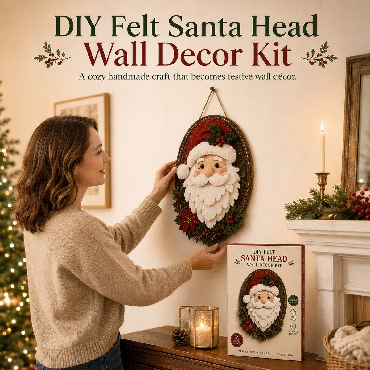 ⏳ Last Day 49% OFF – 🎅 Beginner-Friendly 52-Piece DIY Layered Felt Santa Wall Decor Kit | Complete Kit with All Tools & Step-by-Step Guide Included 💕