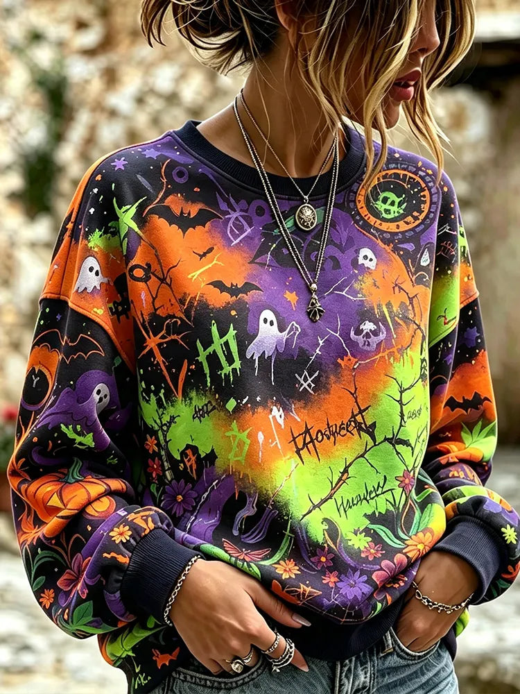 Women's Halloween Graffiti Graphic Crewneck Sweatshirt - Colorful Spooky Ghost And Pumpkin Art Print Pullover