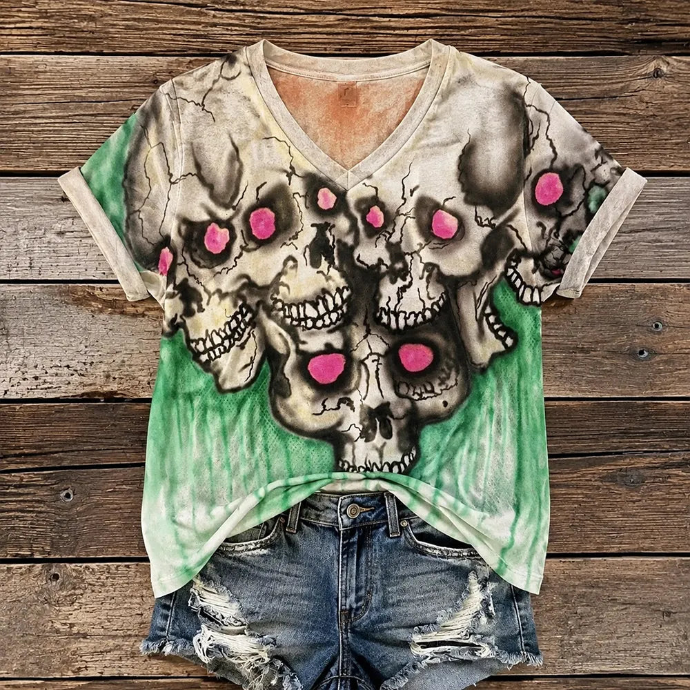 Vintage Halloween Colorful Skull Art Print Short Sleeve T-shirt