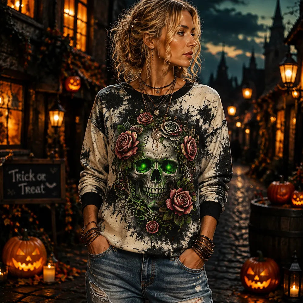 Women's Gothic Style Graphic Crewneck Sweatshirt - Spooky Green-eyed Skull And Red Roses Print Pullover