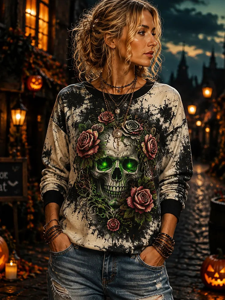 Women's Gothic Style Graphic Crewneck Sweatshirt - Spooky Green-eyed Skull And Red Roses Print Pullover