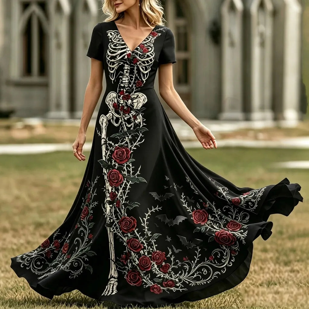 Women's Retro Halloween Human Skeleton Floral Print V-neck Dress