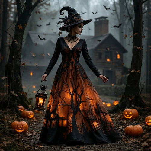 Women's Halloween Gradient Treehouse Print  V-neck Maxi Dress