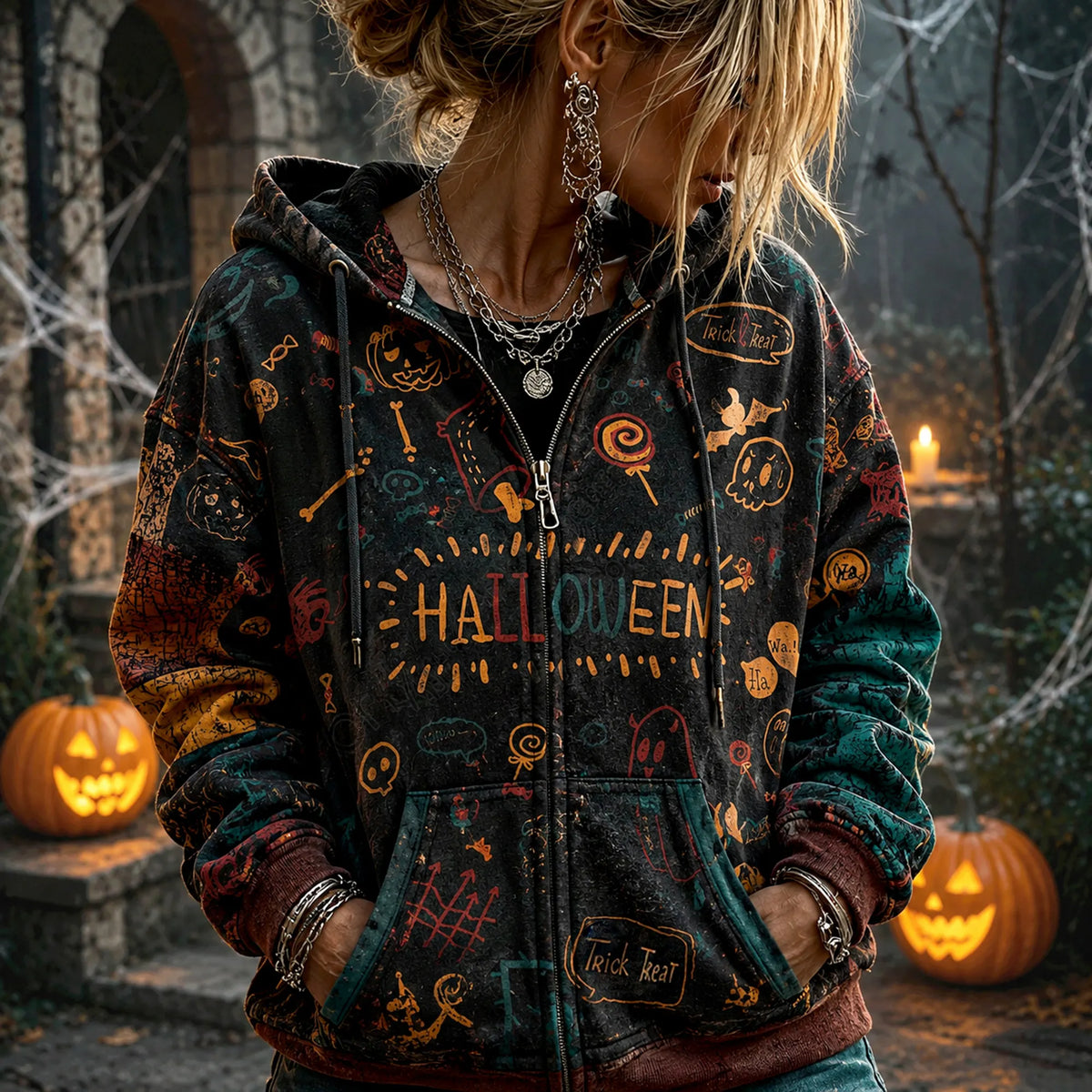 Women's Retro Halloween Pumpkin Ghost Print Washed Distressed Long-sleeve Casual Hooded Jacket