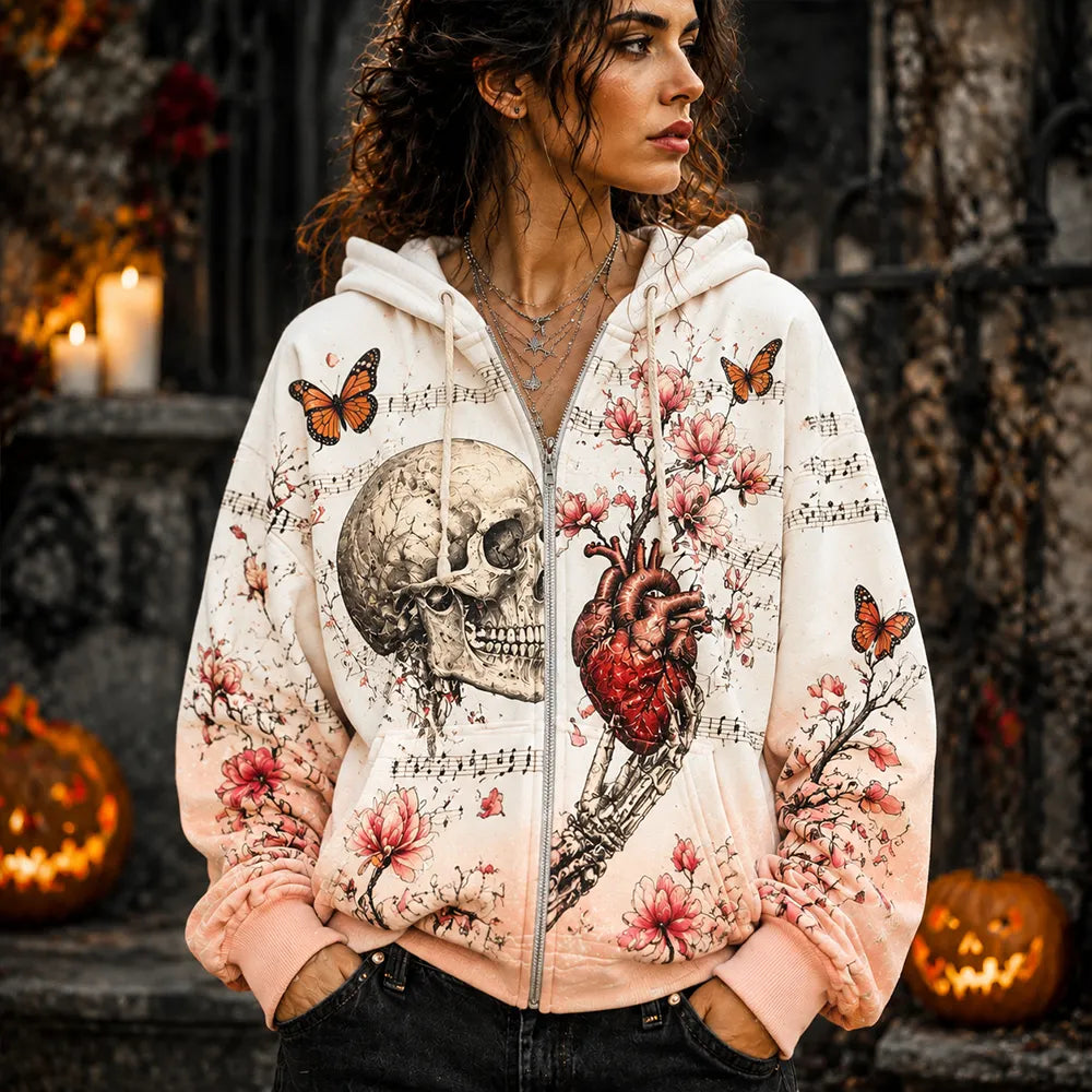 Women's Full-zip Hoodie With Gothic Anatomical Heart, Skull, And Floral Music Notes Print