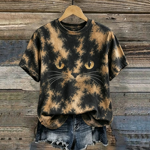 Women's Retro Abstract Creative Tortoiseshell Cat Graphic Casual T-shirt