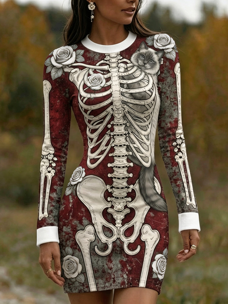 Women's Gothic Skeleton White Rose And Cute Cat Art Print Bodycon Mini Dress