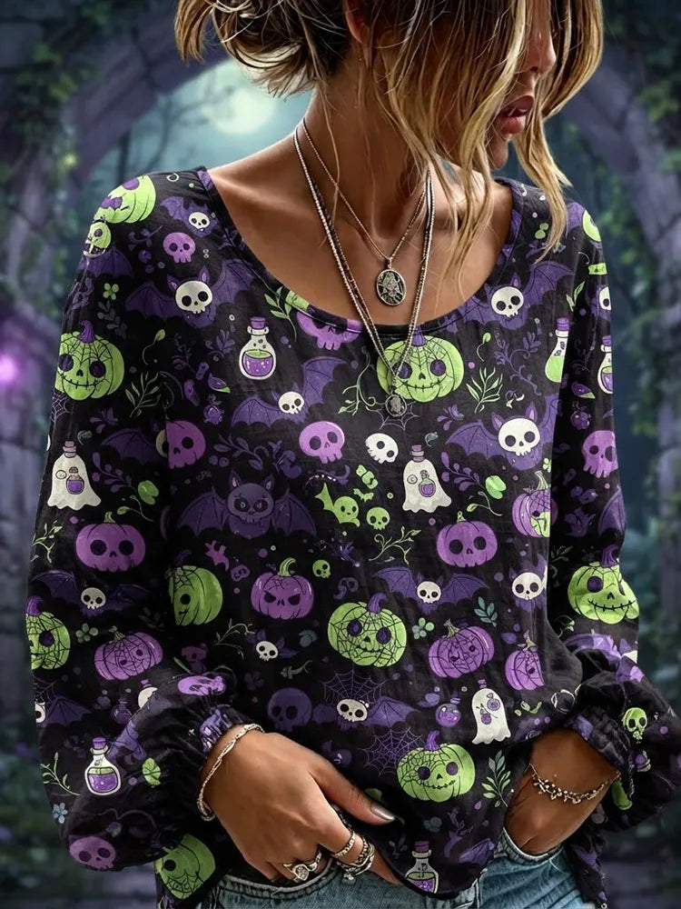 Women's Purple And Black Halloween Spooky Pumpkin Skull Bat Print Long Sleeve Casual Top