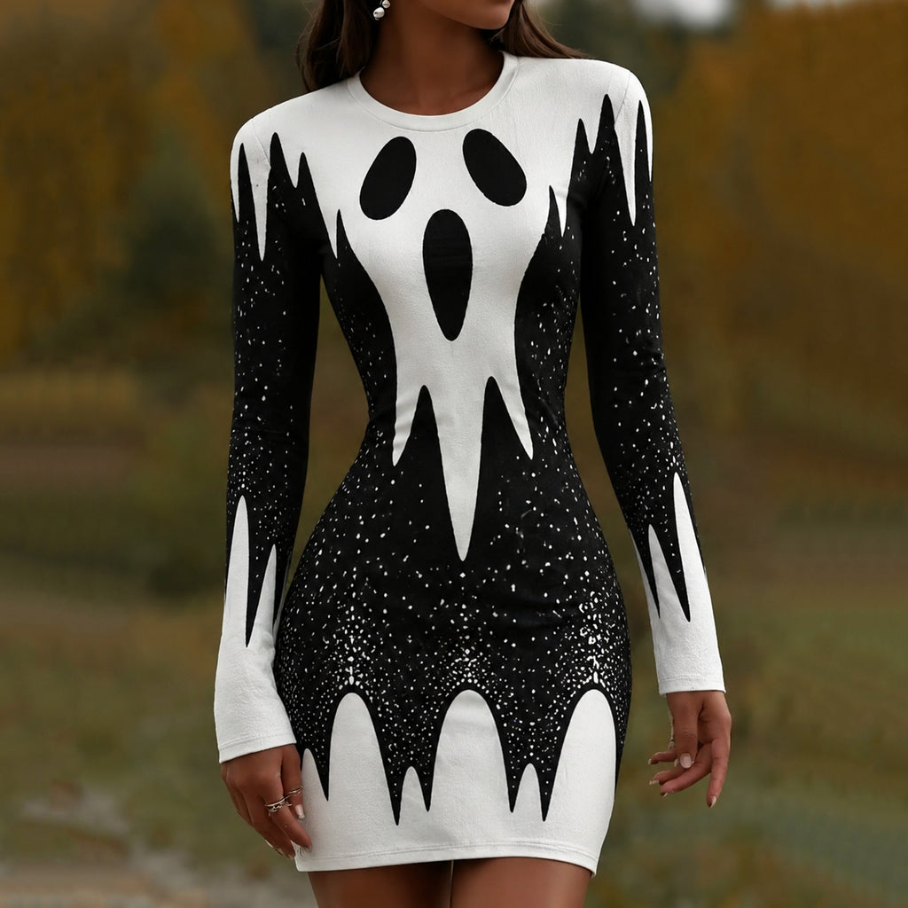 Women's Halloween Ghost Face Contrast Color Art Print Dress