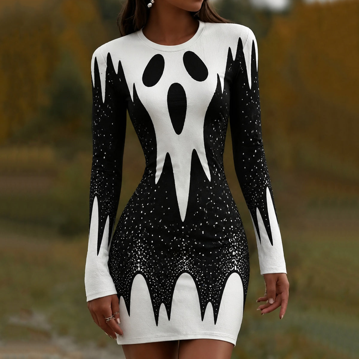 Women's Halloween Ghost Face Contrast Color Art Print Dress